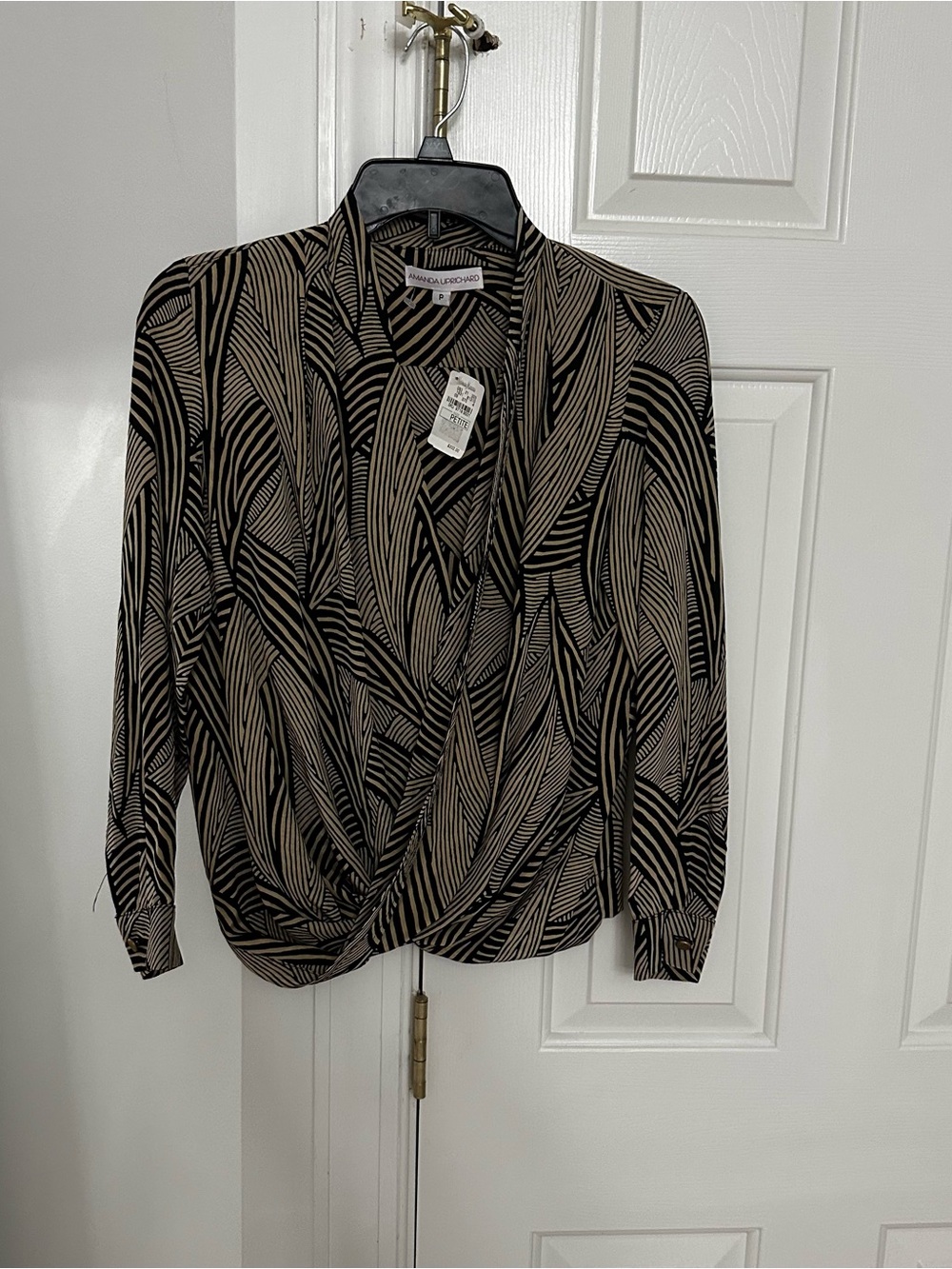 Amanda Uprichard Black and Taupe Draped Surplice Blouse